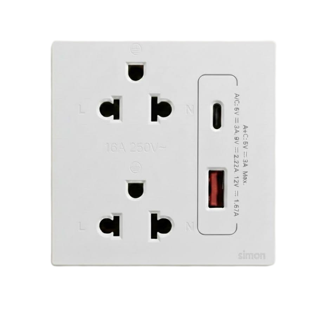 Bộ Ổ Cắm Đôi 3 Chấu Kèm Chân Cắm USB Và A+C Chuẩn Vuông Màu Trắng Simon S6 - 58E7251