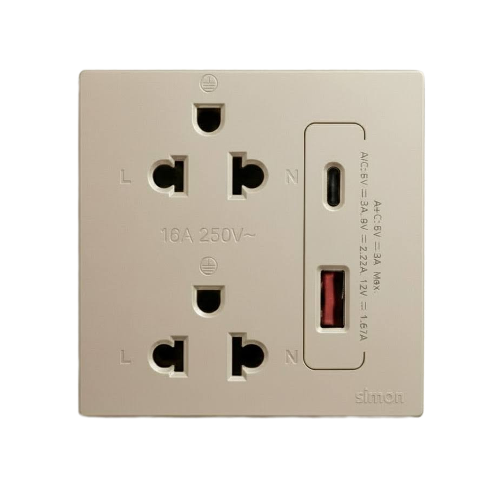 Bộ Ổ Cắm Đôi 3 Chấu Kèm Chân Cắm USB Và A+C Chuẩn Vuông Màu Sâm Panh Simon S6 - 58E7251-46