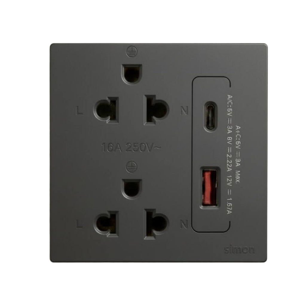 Bộ Ổ Cắm Đôi 3 Chấu Kèm Chân Cắm USB Và A+C Chuẩn Vuông Màu Xám Simon S6 - 58E7251-61
