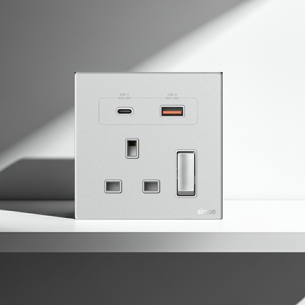 Bộ Ổ Cắm Đơn Kiểu Anh Kèm Sạc USB A+C Và Công Tắc Vuông Màu Trắng Simon M7 Gem Diamond White Mã 66E7254G-4F-Sản phẩm tích hợp sẵn cụm sạc nhanh với 1 cổng USB-A và 1 cổng USB Type-C