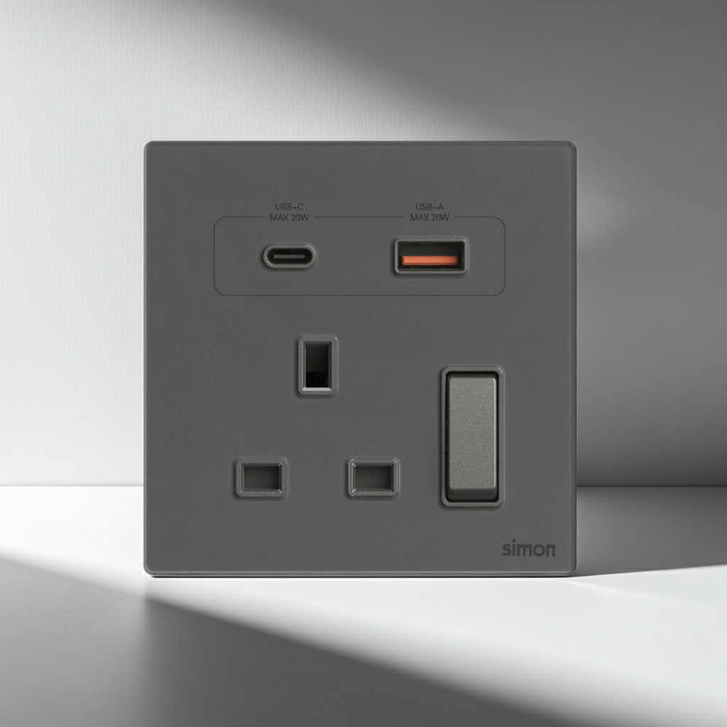Bộ Ổ Cắm Đơn Kiểu Anh Kèm Sạc USB A+C Và Công Tắc Vuông Màu Xám Simon M7 Gem Diamond Gray Mã 66E7254G-4D-Hiệu ứng sương mù 70% Công nghệ quang học