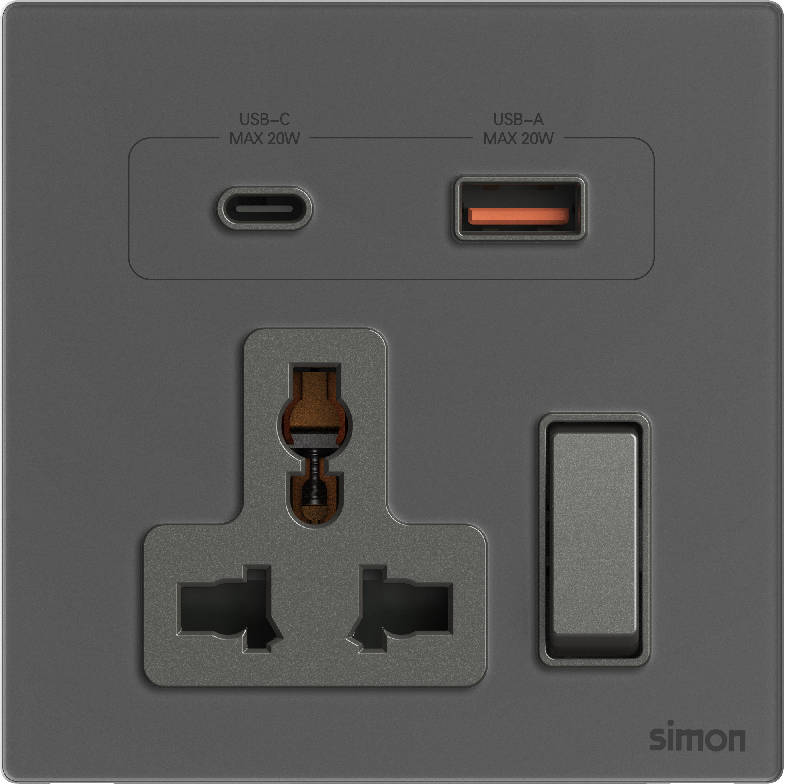 Ổ Cắm Đa Năng Có Công Tắc Kèm Sạc USB A+C & Simon M7 Gem Màu Xám - 66E7253G-4D