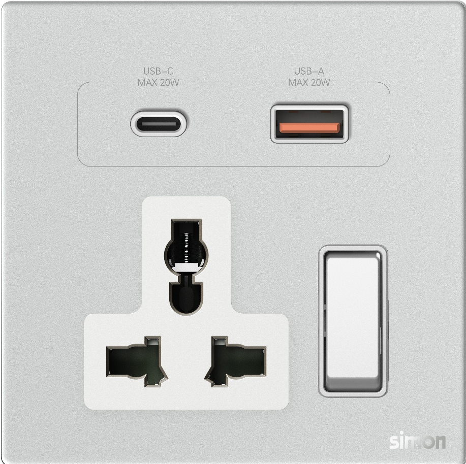 Ổ Cắm Đa Năng Có Công Tắc Kèm Sạc USB A+C & Simon M7 Gem Màu Bạc - 66E7253G-4E