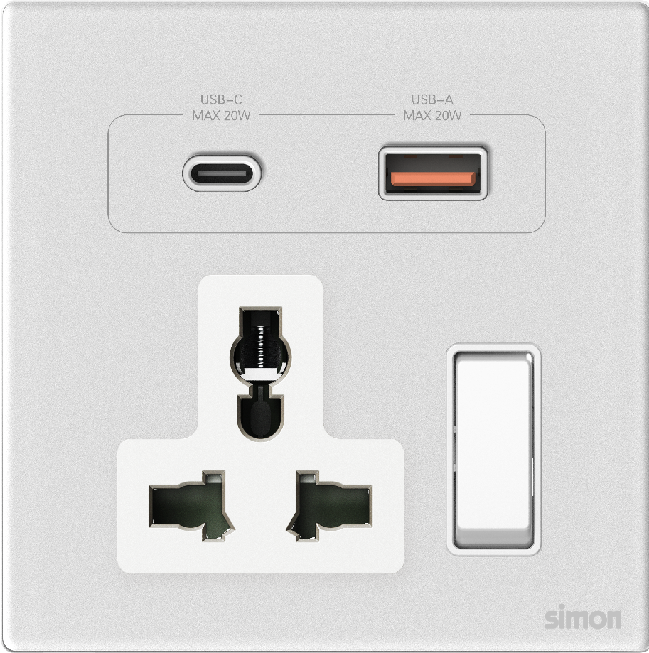 Ổ Cắm Đa Năng Có Công Tắc Kèm Sạc USB A+C & Simon M7 Gem Màu Trắng - 66E7253G-4F