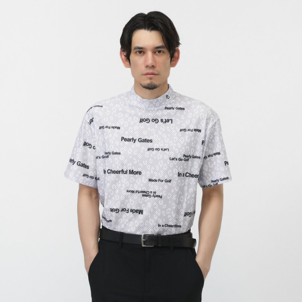 PEARLY GATES Men's Golf Wear Tricot 4-Way Block Jacquard Short Sleeve Mock Neck Cut and Sewn Leopard Pattern 0535267605