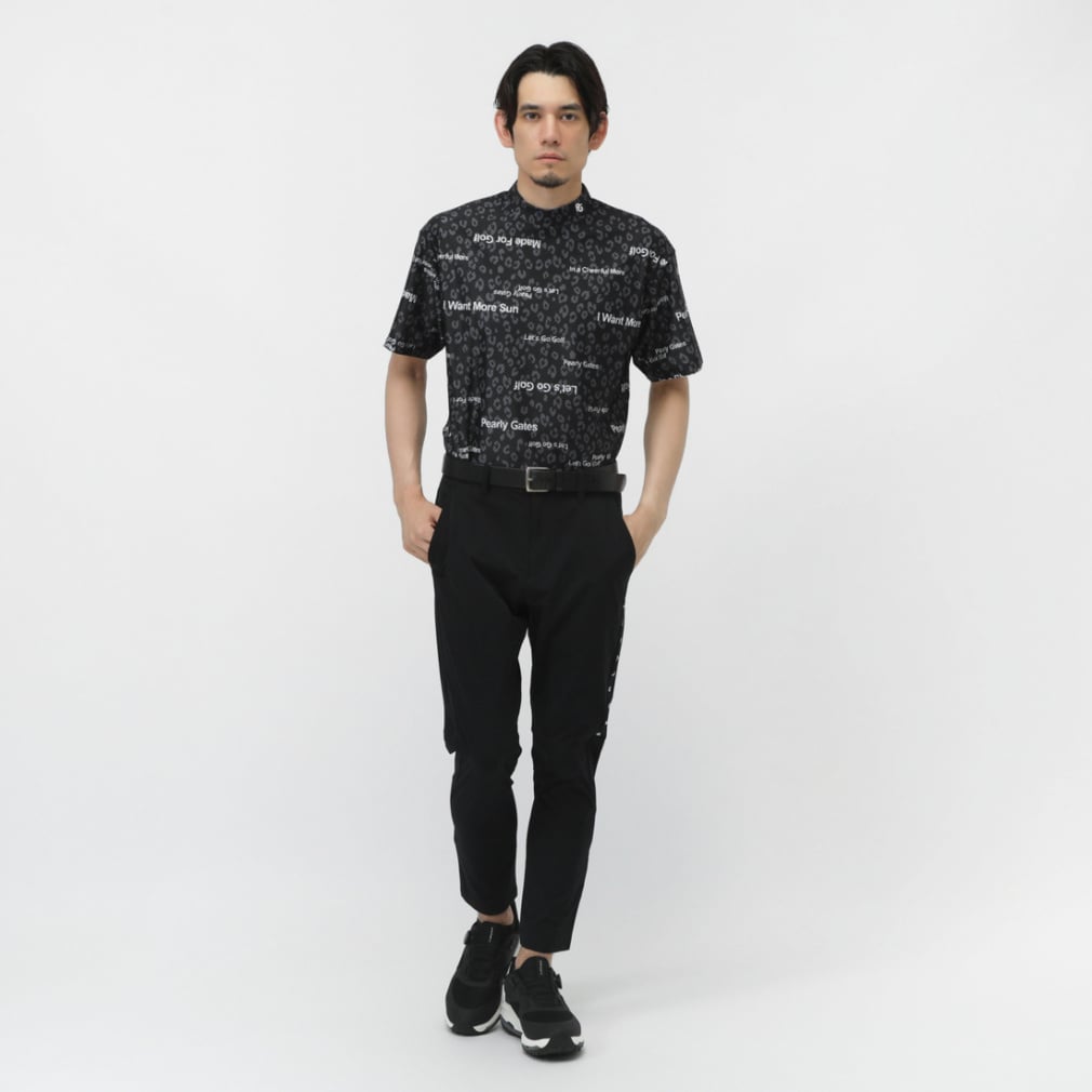 PEARLY GATES Men's Golf Wear Tricot 4-Way Block Jacquard Short Sleeve Mock Neck Cut and Sewn Leopard Pattern 0535267605