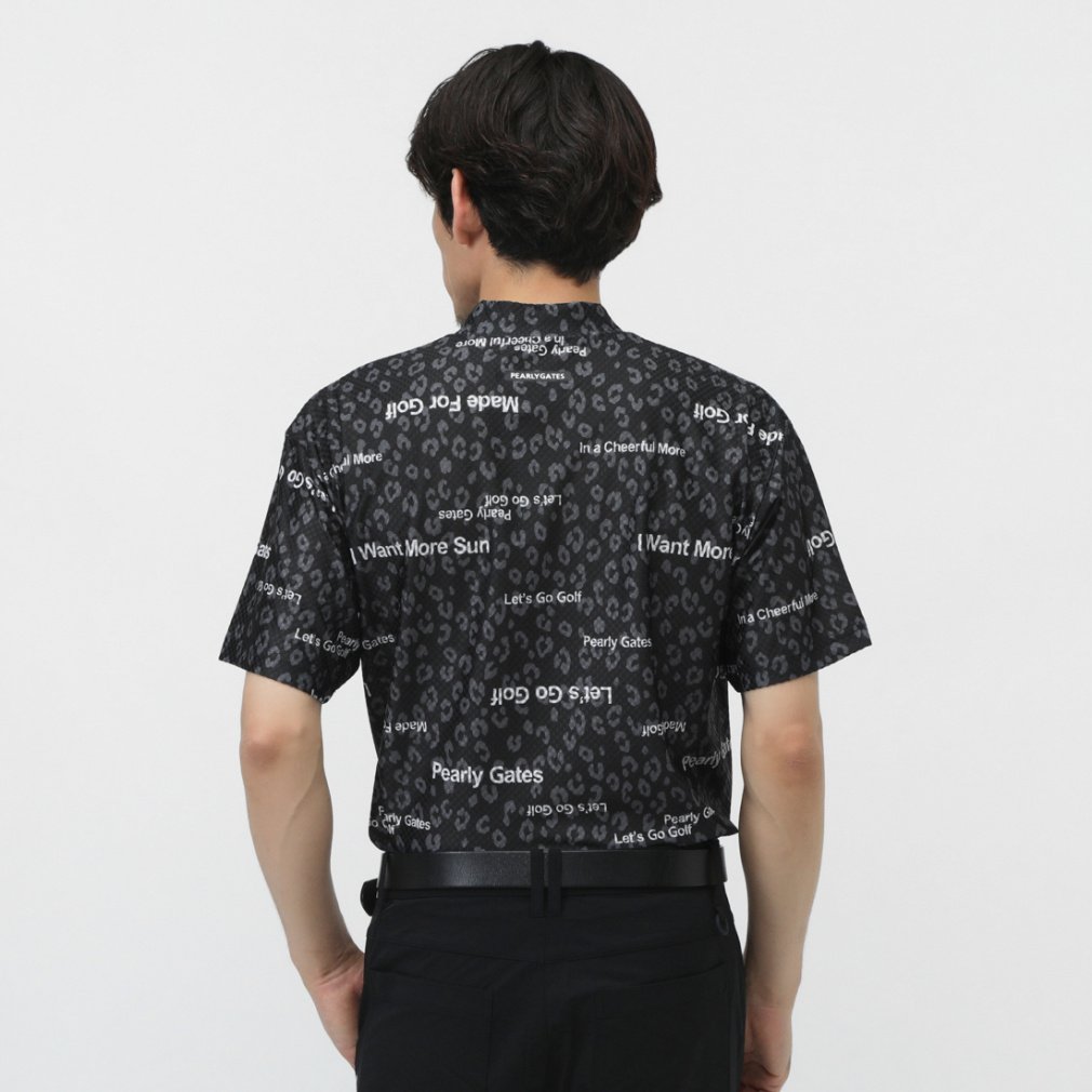 PEARLY GATES Men's Golf Wear Tricot 4-Way Block Jacquard Short Sleeve Mock Neck Cut and Sewn Leopard Pattern 0535267605