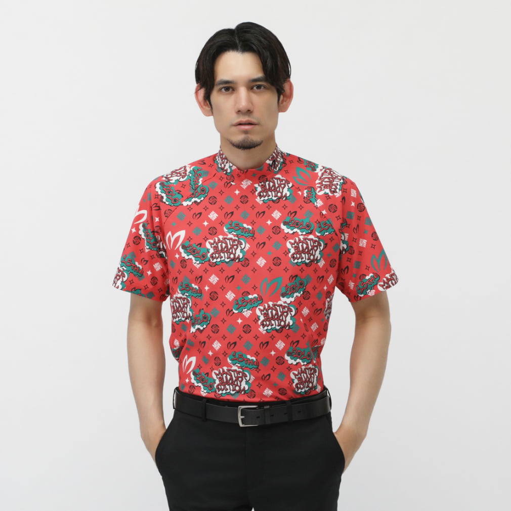 MASTER BUNNY EDITION Men's Golf Wear Nylon Honeycomb Tricot Speech Bubble Print Short Sleeve High Neck Cut and Sewn 7585167603