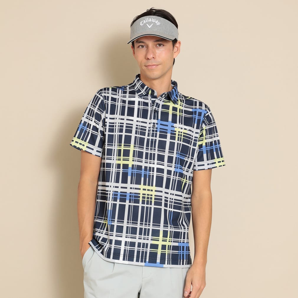 Callaway Men's Golf Wear Ventilated Mesh Check Pattern Short Sleeve Shirt C24134115