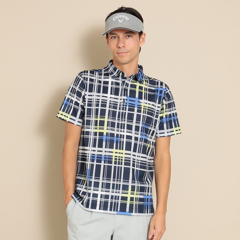 Callaway Men's Golf Wear Ventilated Mesh Check Pattern Short Sleeve Shirt C24134115