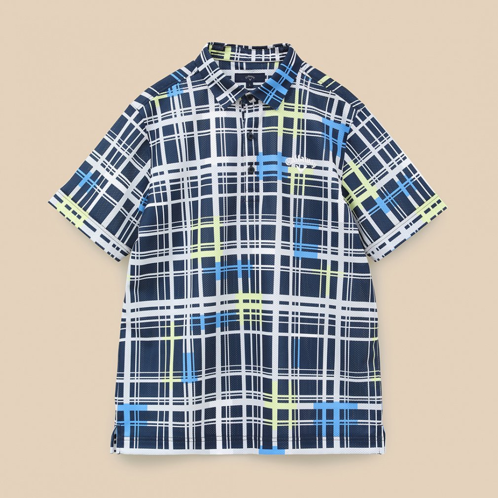 Callaway Men's Golf Wear Ventilated Mesh Check Pattern Short Sleeve Shirt C24134115