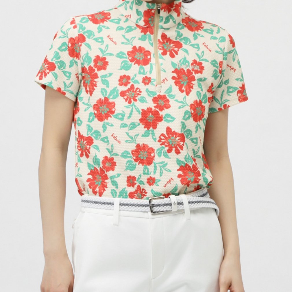 kolwin Women's Golf Apparel Floral Print Short Sleeve Half Zip Shirt KO-1H2005Z