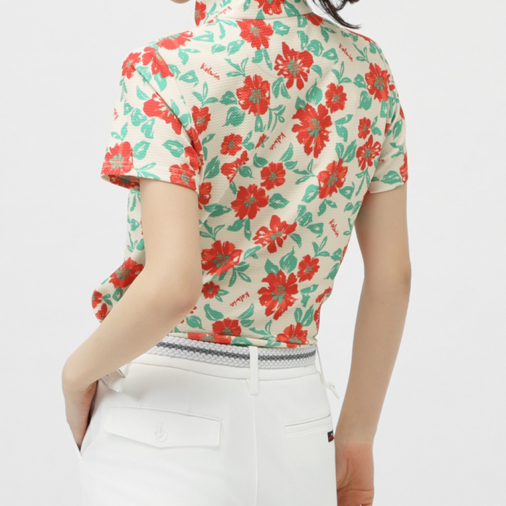 kolwin Women's Golf Apparel Floral Print Short Sleeve Half Zip Shirt KO-1H2005Z
