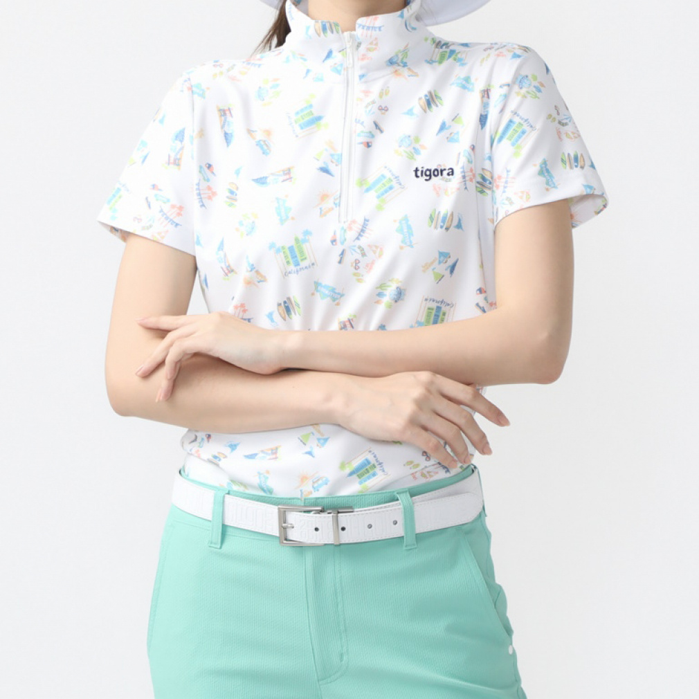 TIGORA Women's Golf Wear Heat Shielding California Pattern Short Sleeve Zip Shirt TR-1H2064Z