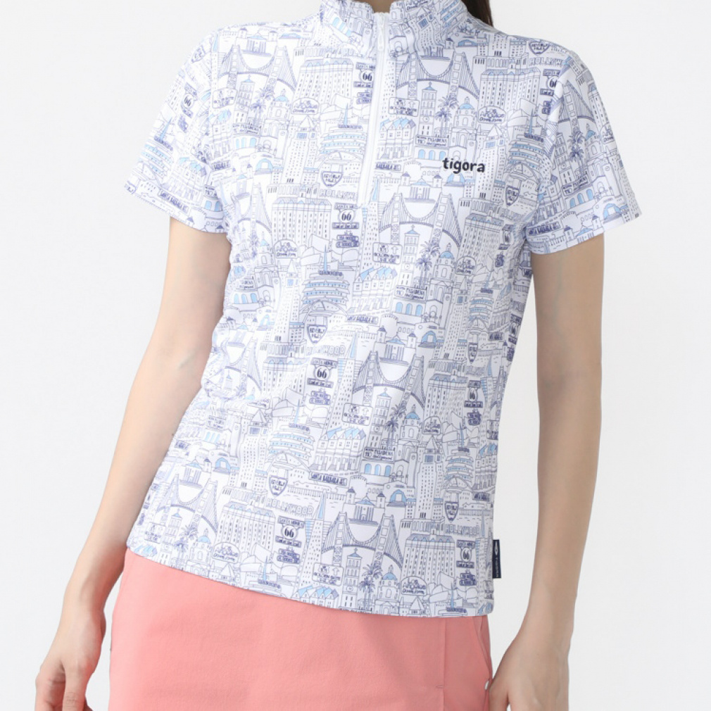 TIGORA Women's Golf Wear Heat Shielding California Pattern Short Sleeve Zip Shirt TR-1H2064Z