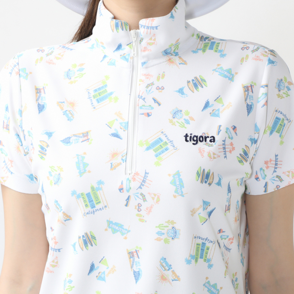 TIGORA Women's Golf Wear Heat Shielding California Pattern Short Sleeve Zip Shirt TR-1H2064Z
