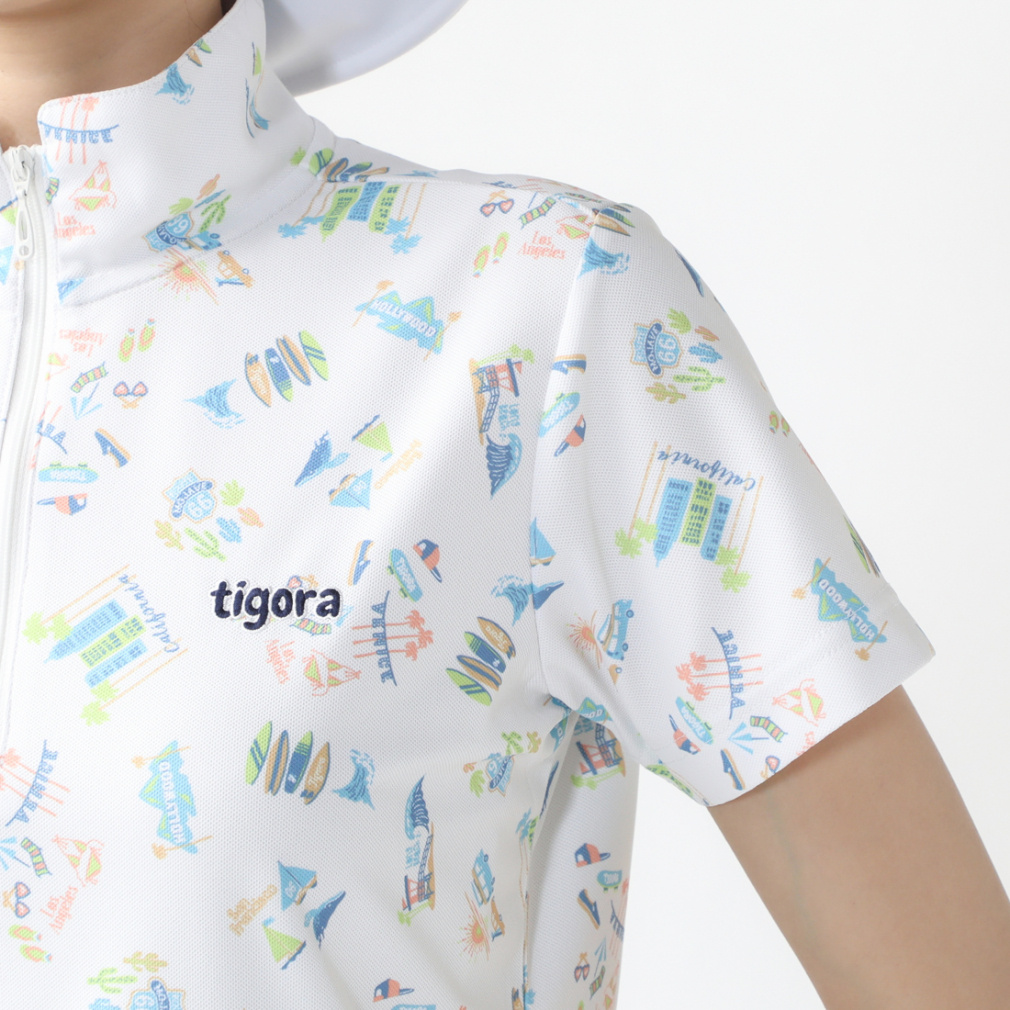 TIGORA Women's Golf Wear Heat Shielding California Pattern Short Sleeve Zip Shirt TR-1H2064Z