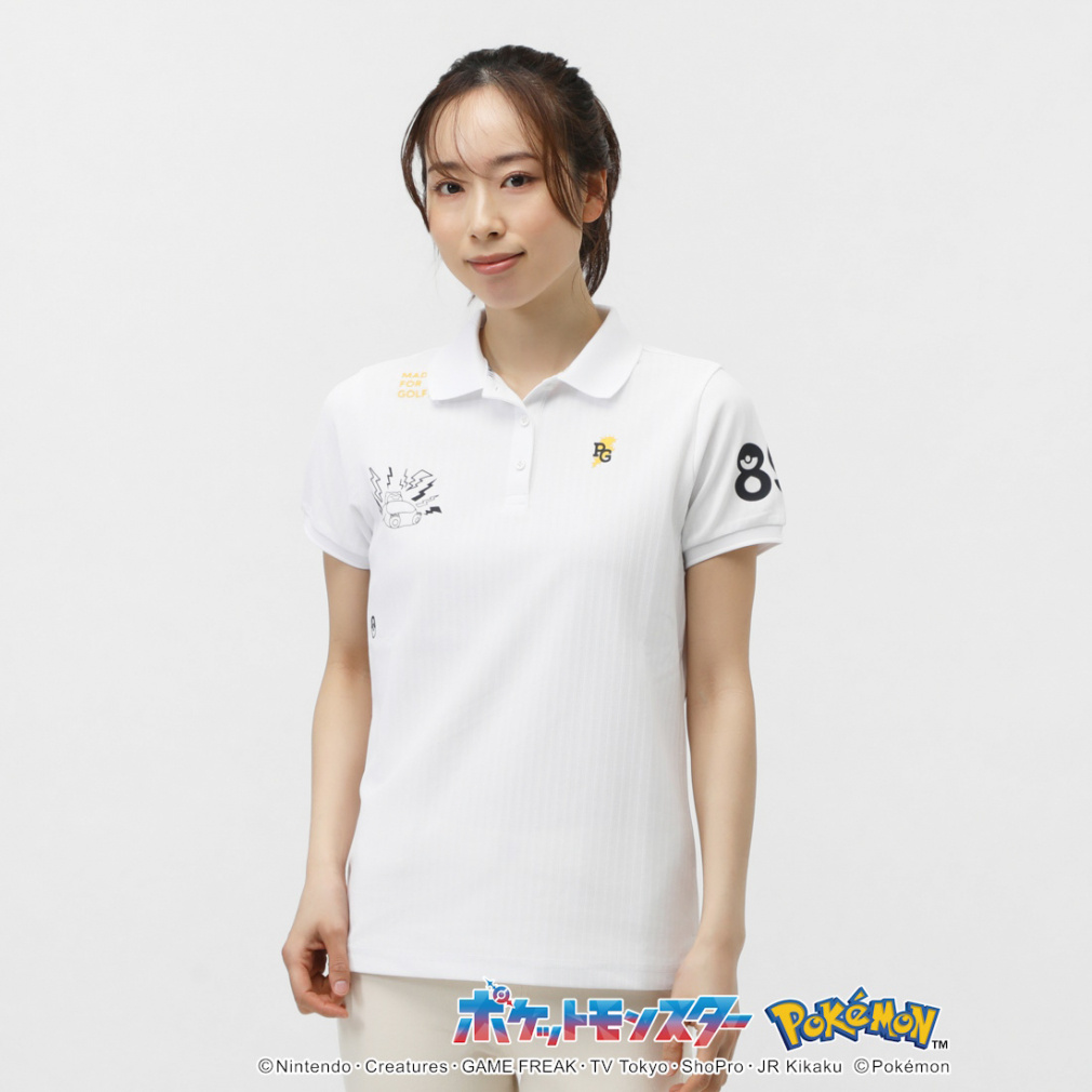 PEARLY GATES Women's Golf Apparel [Pokemon] (Pikachu, Slowpoke, Snorlax, Psyduck) Reverse Pique Stripe Style Short Sleeve Polo Shirt 0555160334