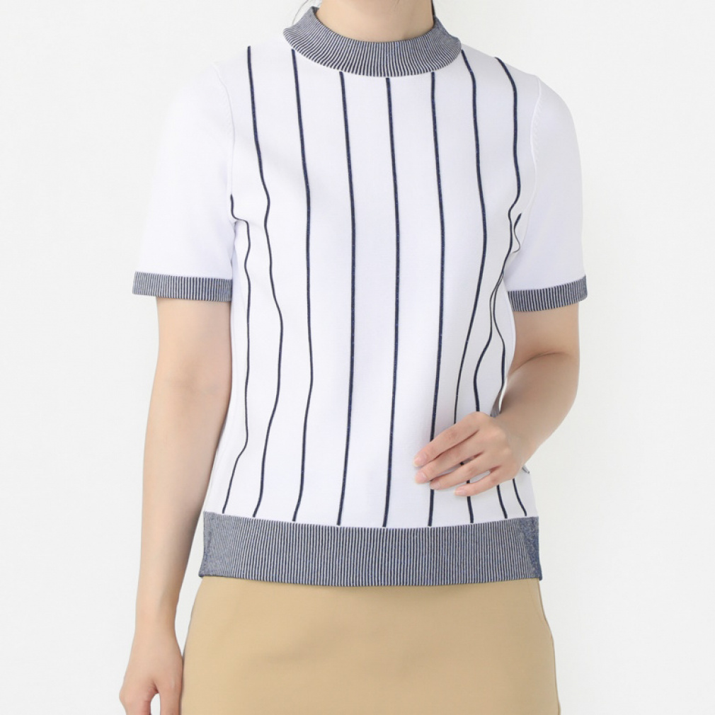 TIGORA Women's Golf Wear Short Sleeve Stripe Pattern Knit Mock Neck Shirt, Quick-Drying, UV, Machine Washable TR-1H2504H