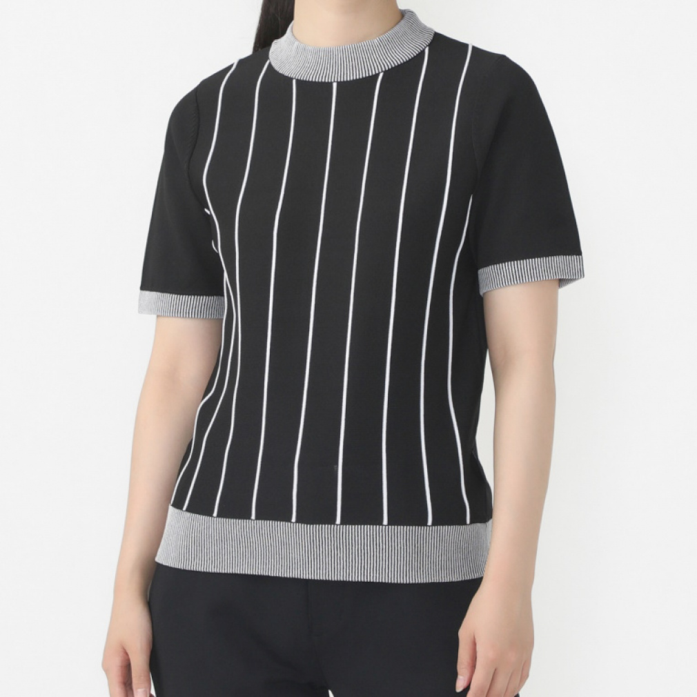 TIGORA Women's Golf Wear Short Sleeve Stripe Pattern Knit Mock Neck Shirt, Quick-Drying, UV, Machine Washable TR-1H2504H