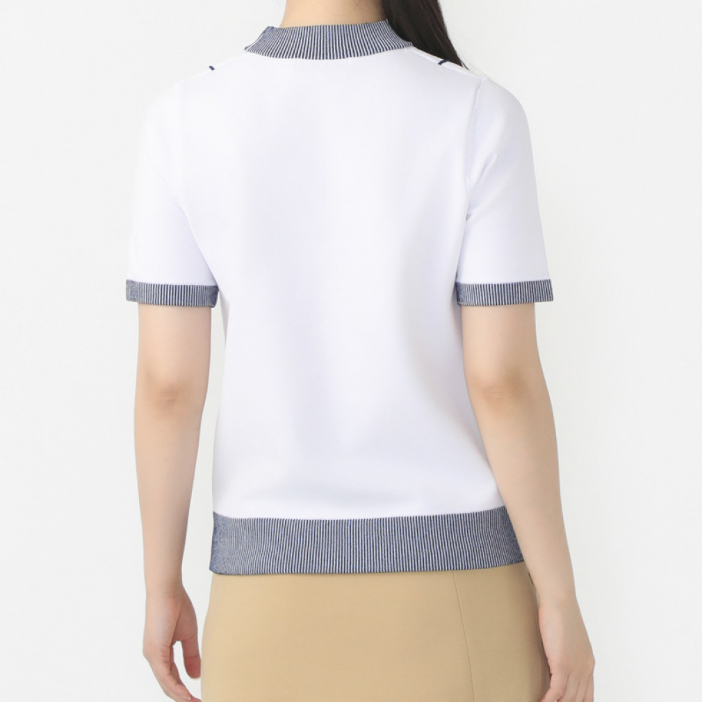 TIGORA Women's Golf Wear Short Sleeve Stripe Pattern Knit Mock Neck Shirt, Quick-Drying, UV, Machine Washable TR-1H2504H