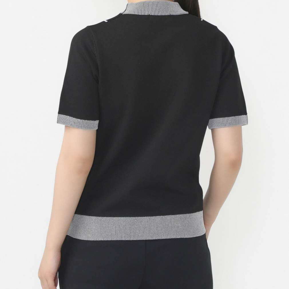 TIGORA Women's Golf Wear Short Sleeve Stripe Pattern Knit Mock Neck Shirt, Quick-Drying, UV, Machine Washable TR-1H2504H