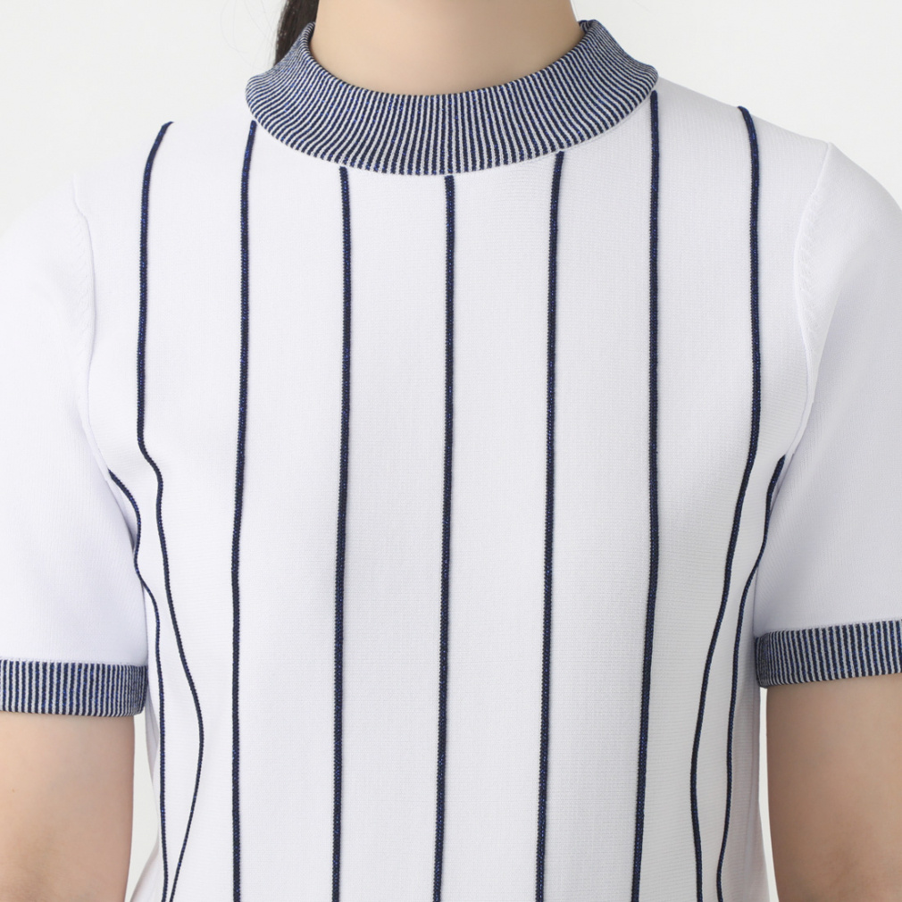 TIGORA Women's Golf Wear Short Sleeve Stripe Pattern Knit Mock Neck Shirt, Quick-Drying, UV, Machine Washable TR-1H2504H