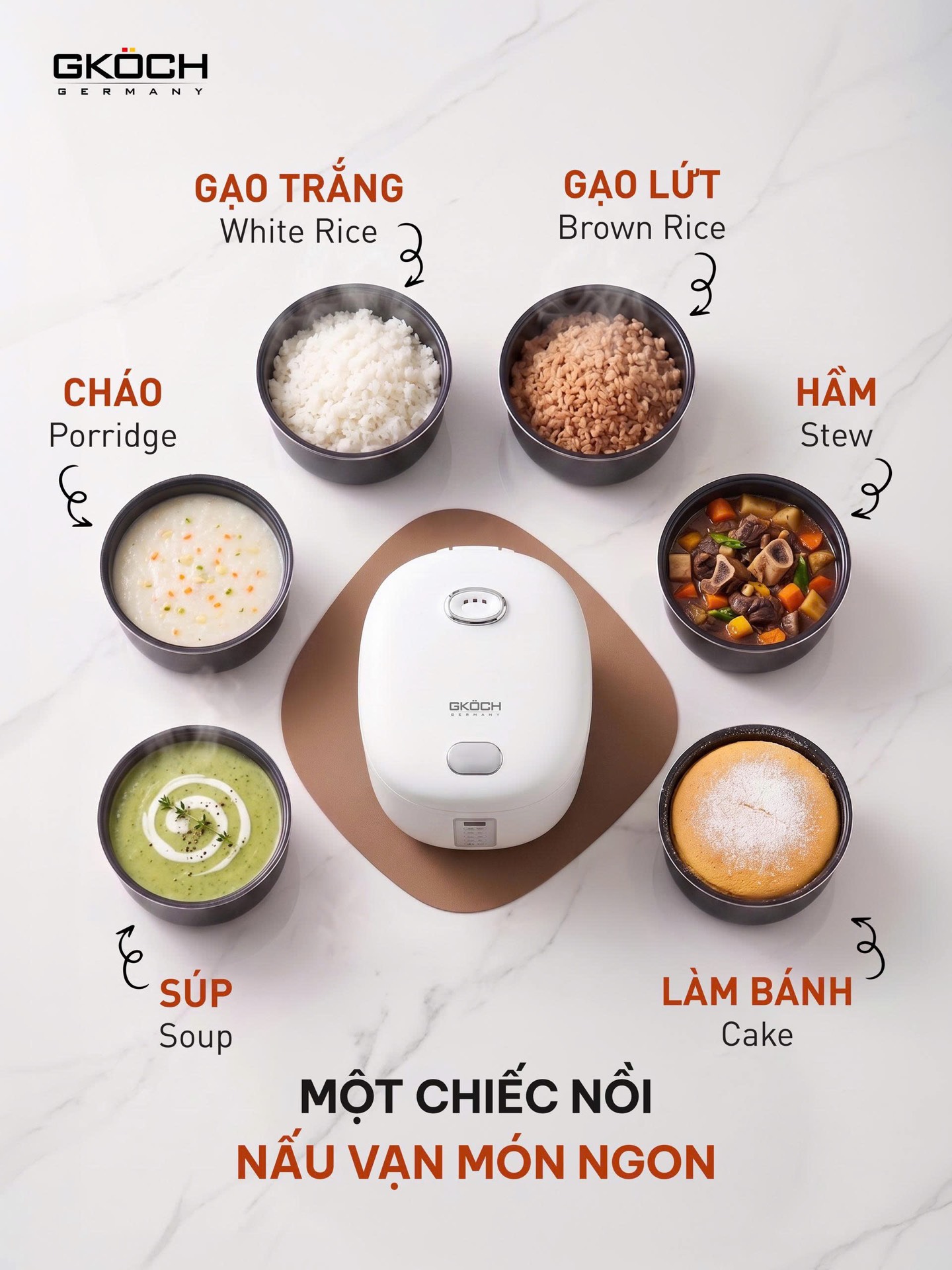 Nồi cơm điện mini Gkock Arvo 1,2 lít màu trắng