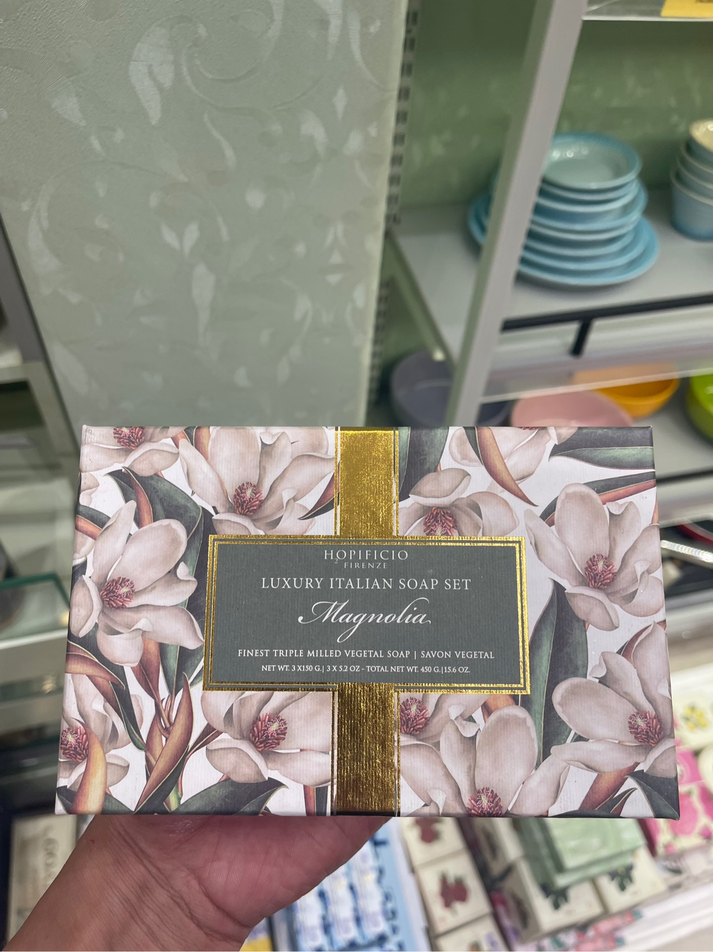 Hộp 3 bánh xà bông cao cấp Hopificio Firenze Luxury Italian Soap Set - hương Magnolia (Hoa mộc lan) 450g