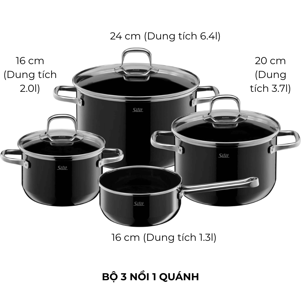 Bộ nồi Silit Elegant tai inox (đen) 4 món