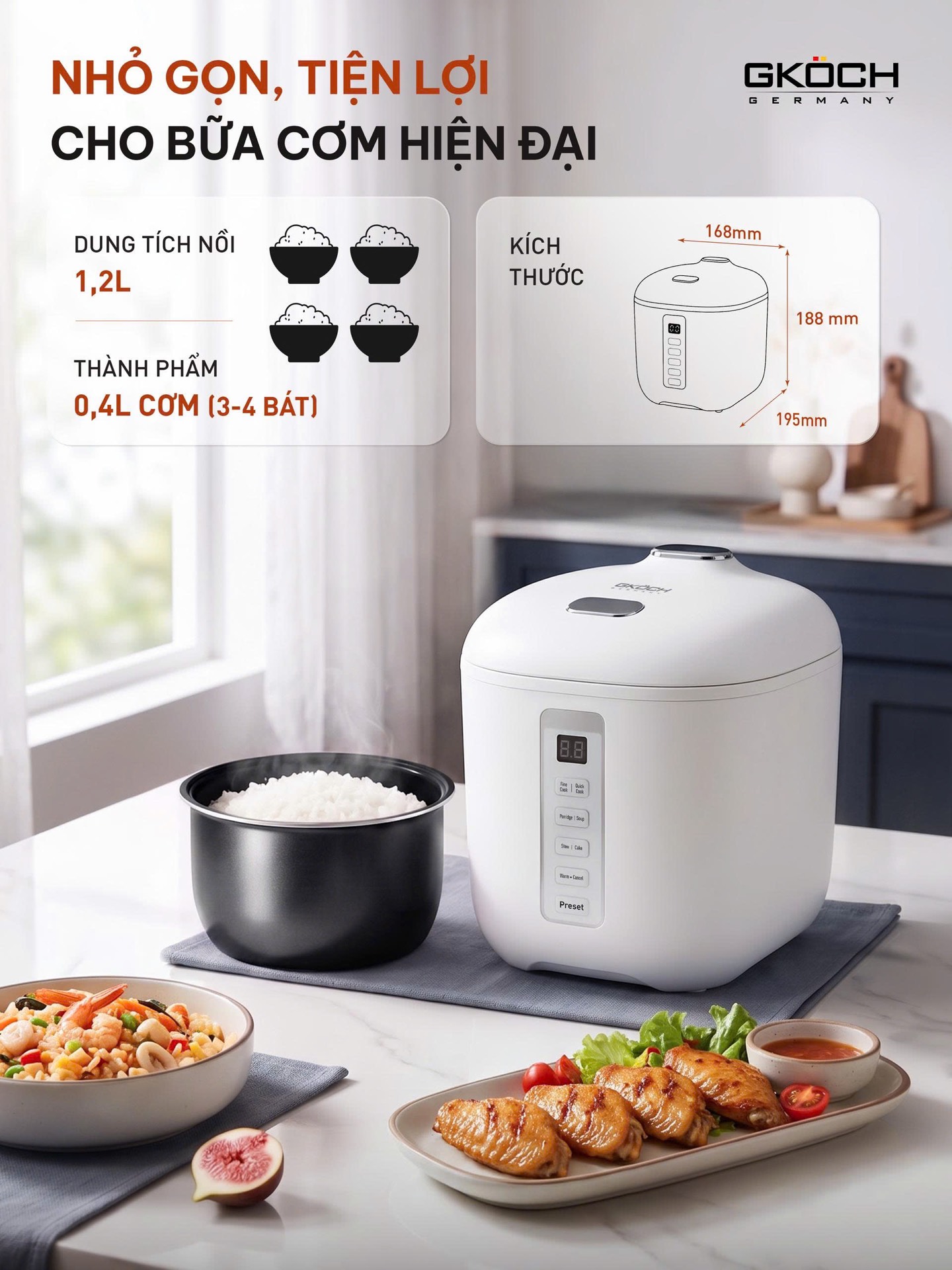 Nồi cơm điện mini Gkock Arvo 1,2 lít màu trắng