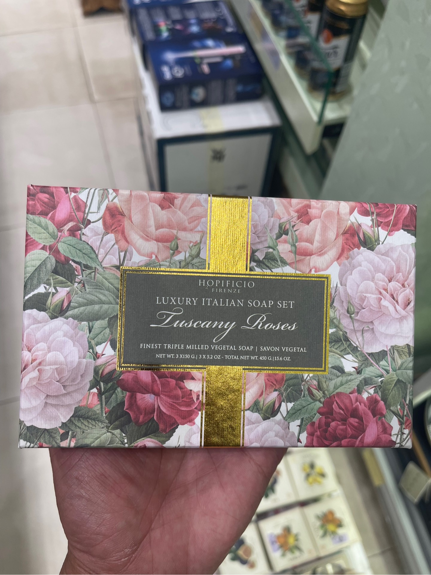 Set 3 bánh xà phòng cao cấp Ý Hopificio Firenze "Tuscany Roses" Luxury Italian Soap Set hương hoa hồng 450g