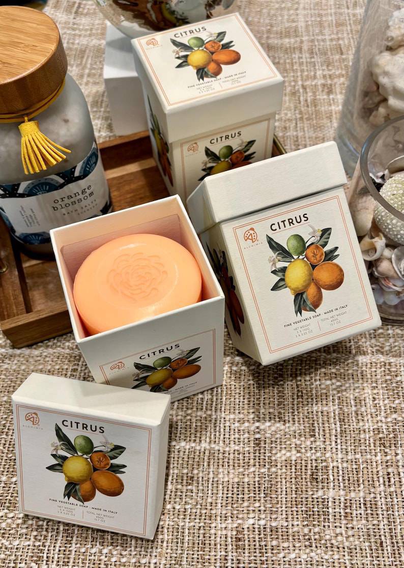 Hộp  3 bánh xà phòng thực vật cao cấp hương cam chanh Alchimia Citrus Fine Vegetable Soap Ý 450g