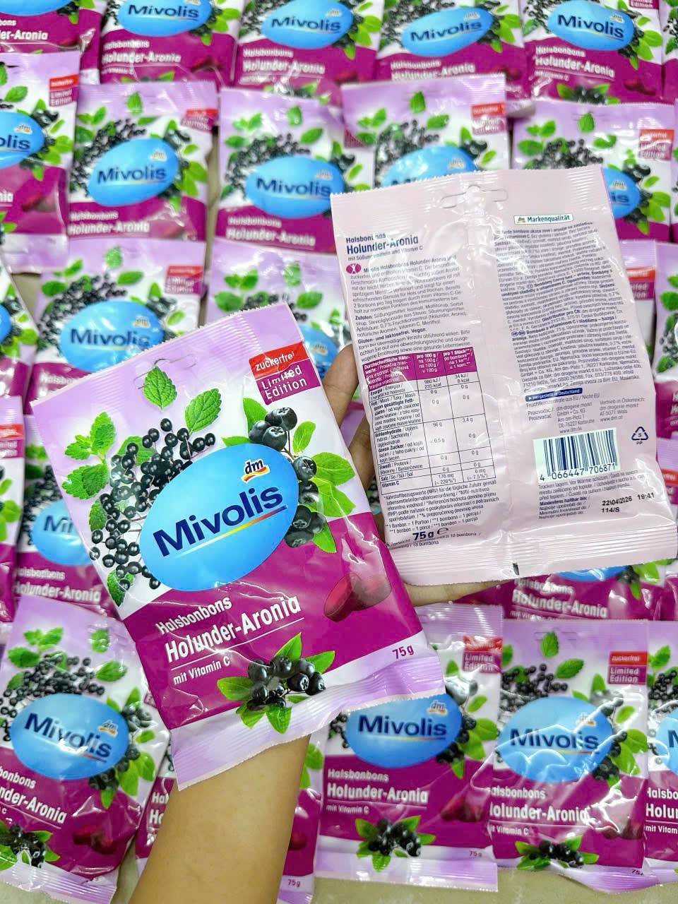 Viên ngậm không đường Mivolis holunder aronia 75g