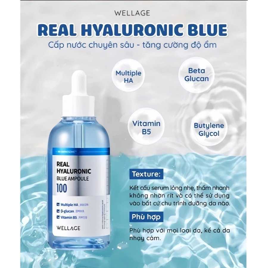 Set Serum Cấp Ẩm, Phục Hồi Wellage Real Hyaluronic Blue Ampoule 60ml + 60ml