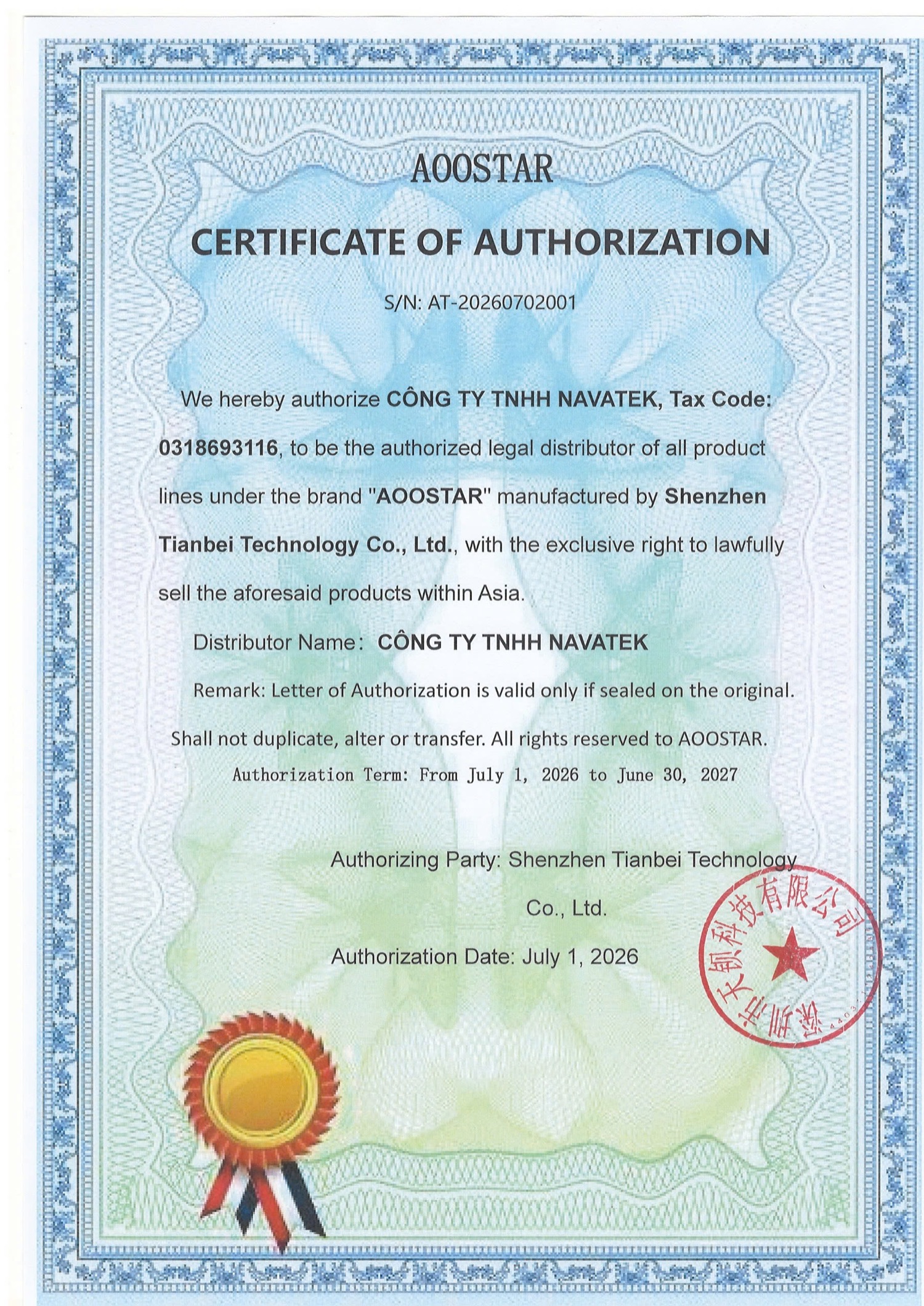 giấy chứng nhận ủy quyền củ aoostar cho navastore