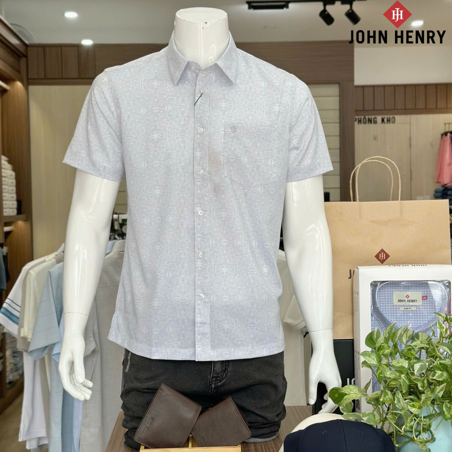 Áo Sơ Mi Nam Tay Ngắn John Henry họa tiết WS25SS26C-SDBB
