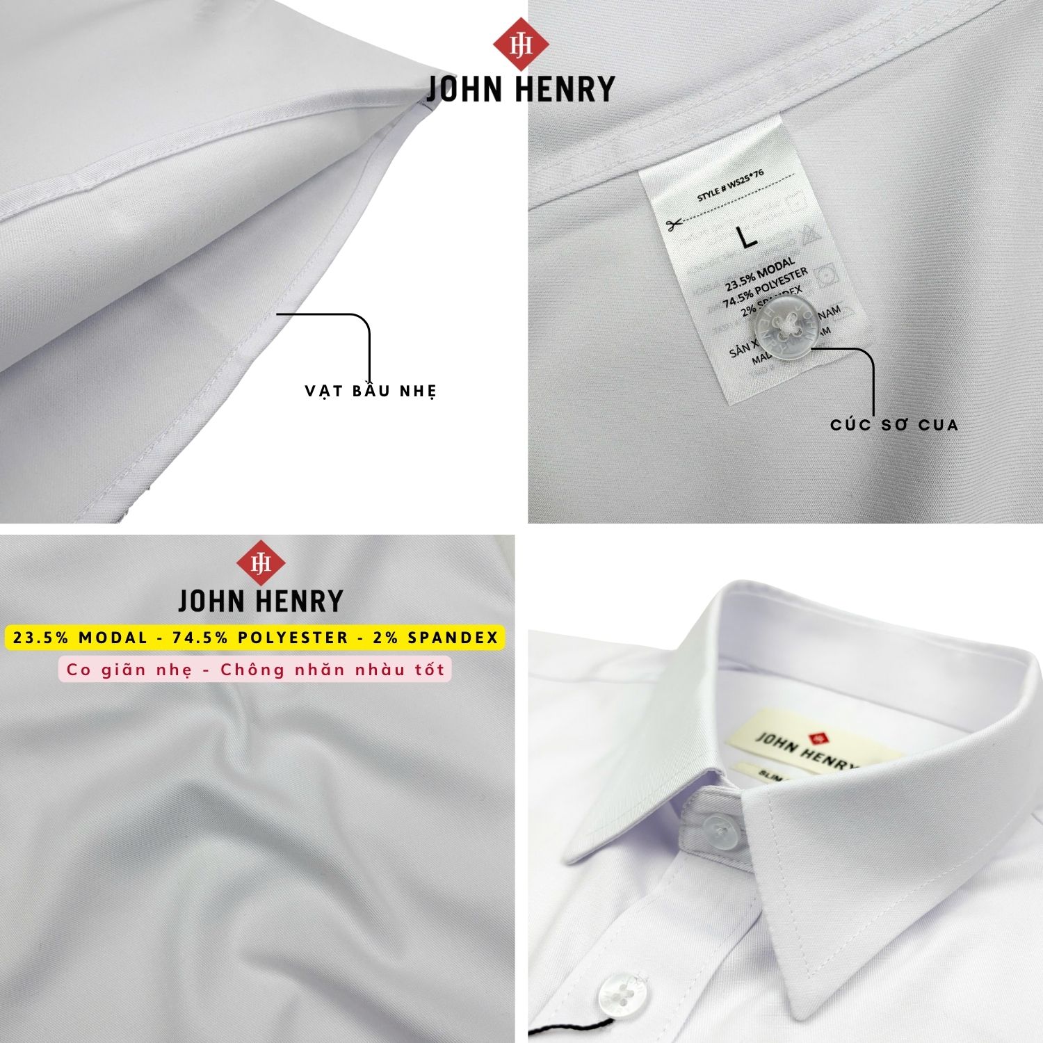 Áo Sơ Mi Nam Tay Ngắn John Henry lịch lãm, thời thượng WS25FH76P-SD