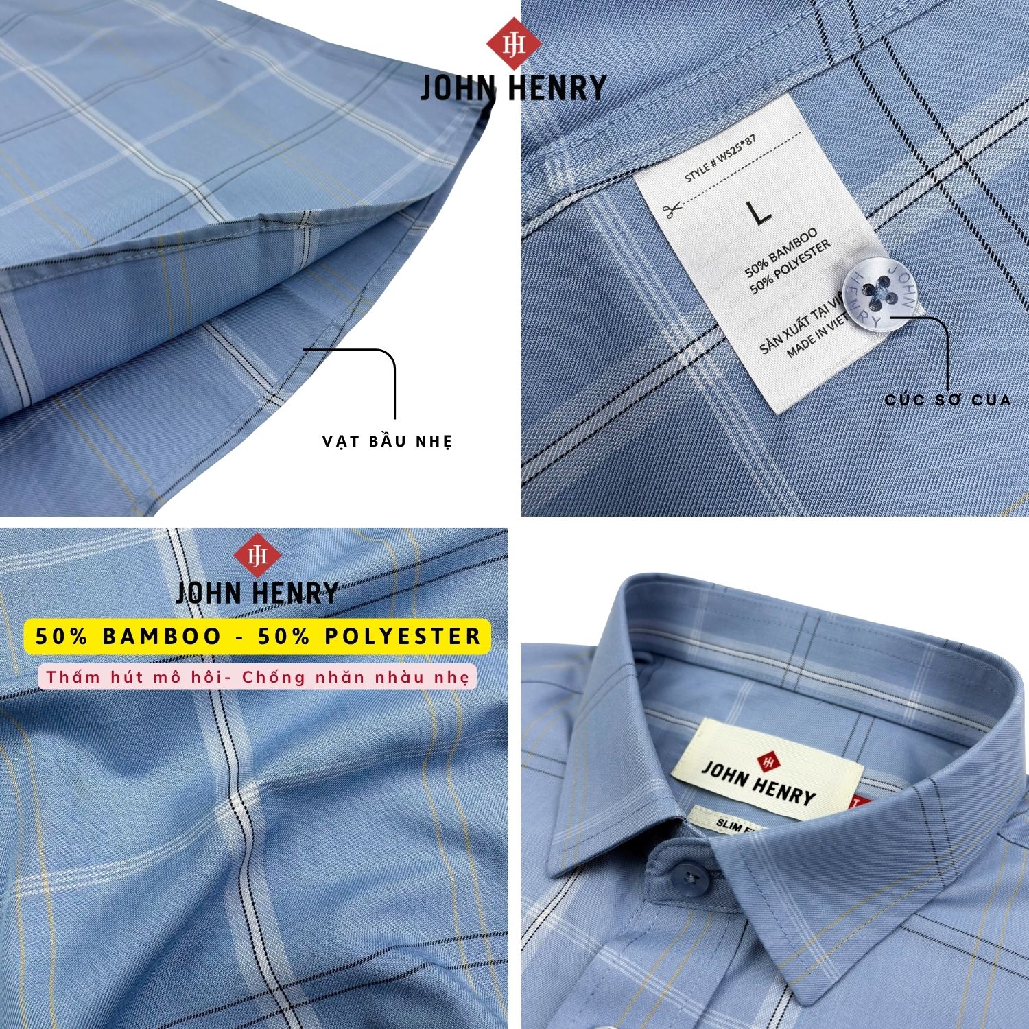 Áo Sơ Mi Nam Tay Ngắn John Henry Caro WS25FH87T-SDBB