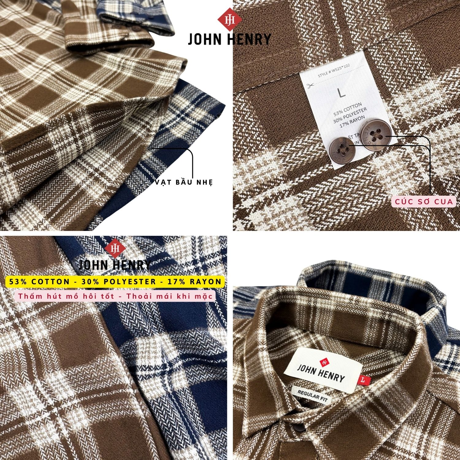 Áo sơ mi nam dài tay John Henry Form Vừa WS25FH102P-LCRG