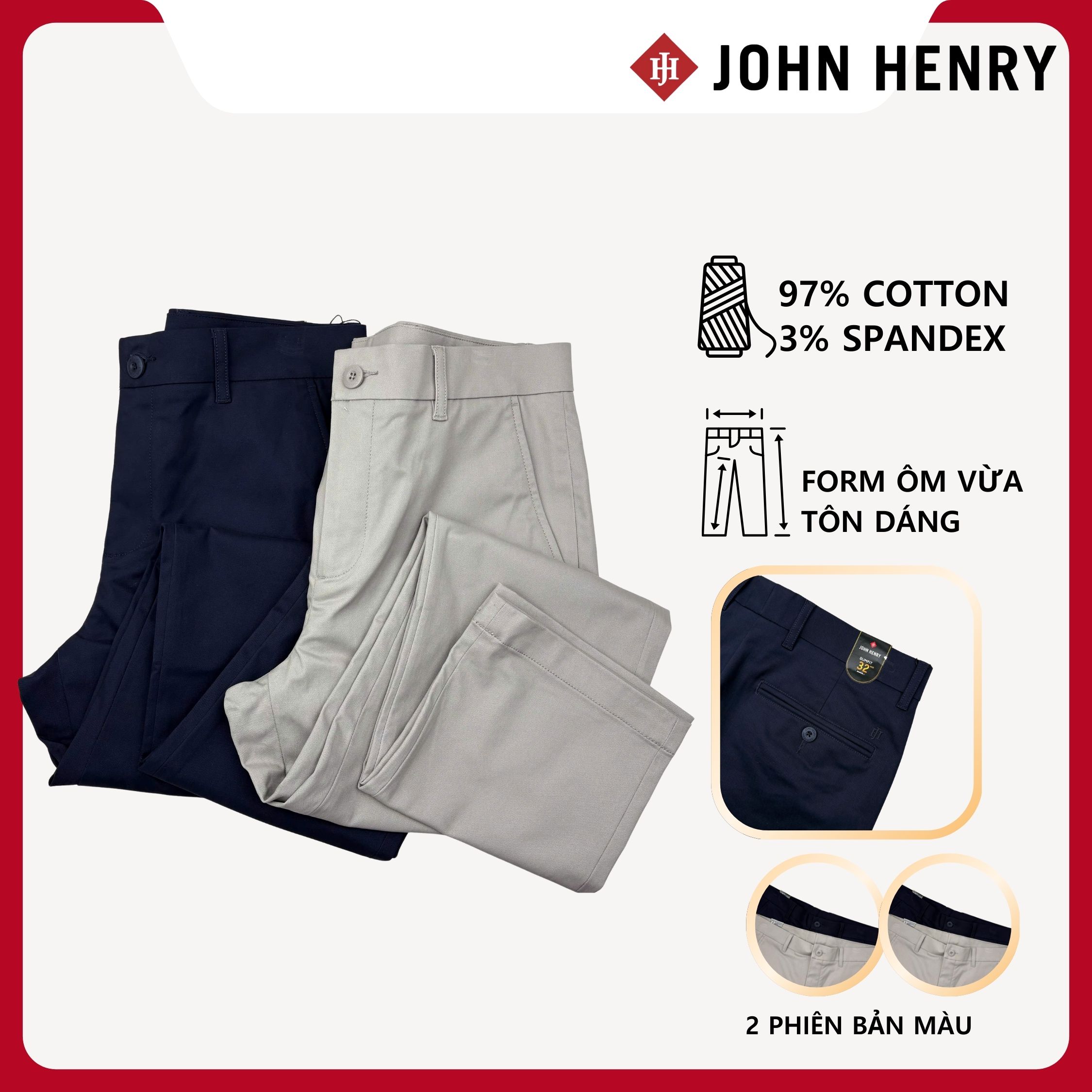 Quần Kaki Nam John Henry KP26SS03P-NMSL - Slim Fit - Form Ôm