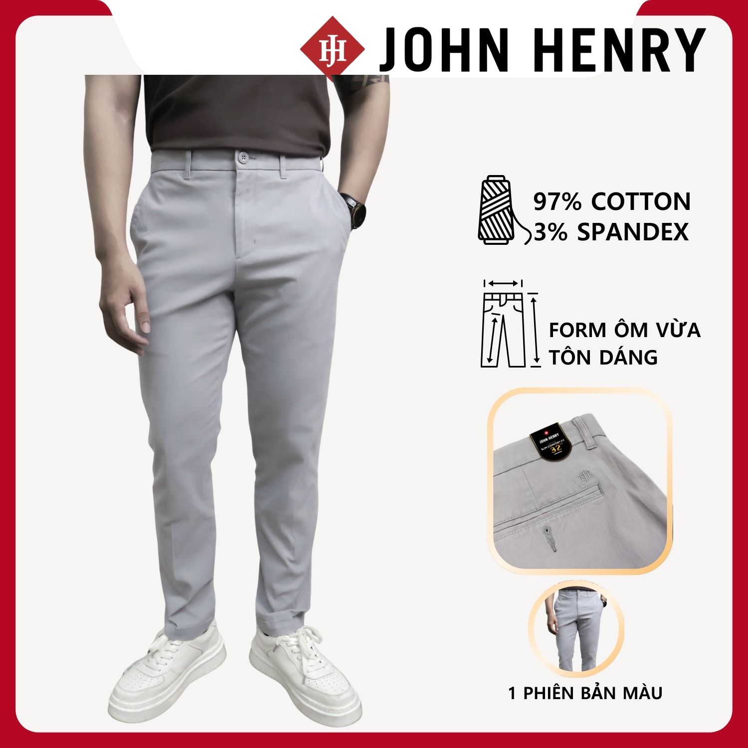 Quần Kaki Nam John Henry KP25SS15P-NMSC - Slim Fit - Form Ôm