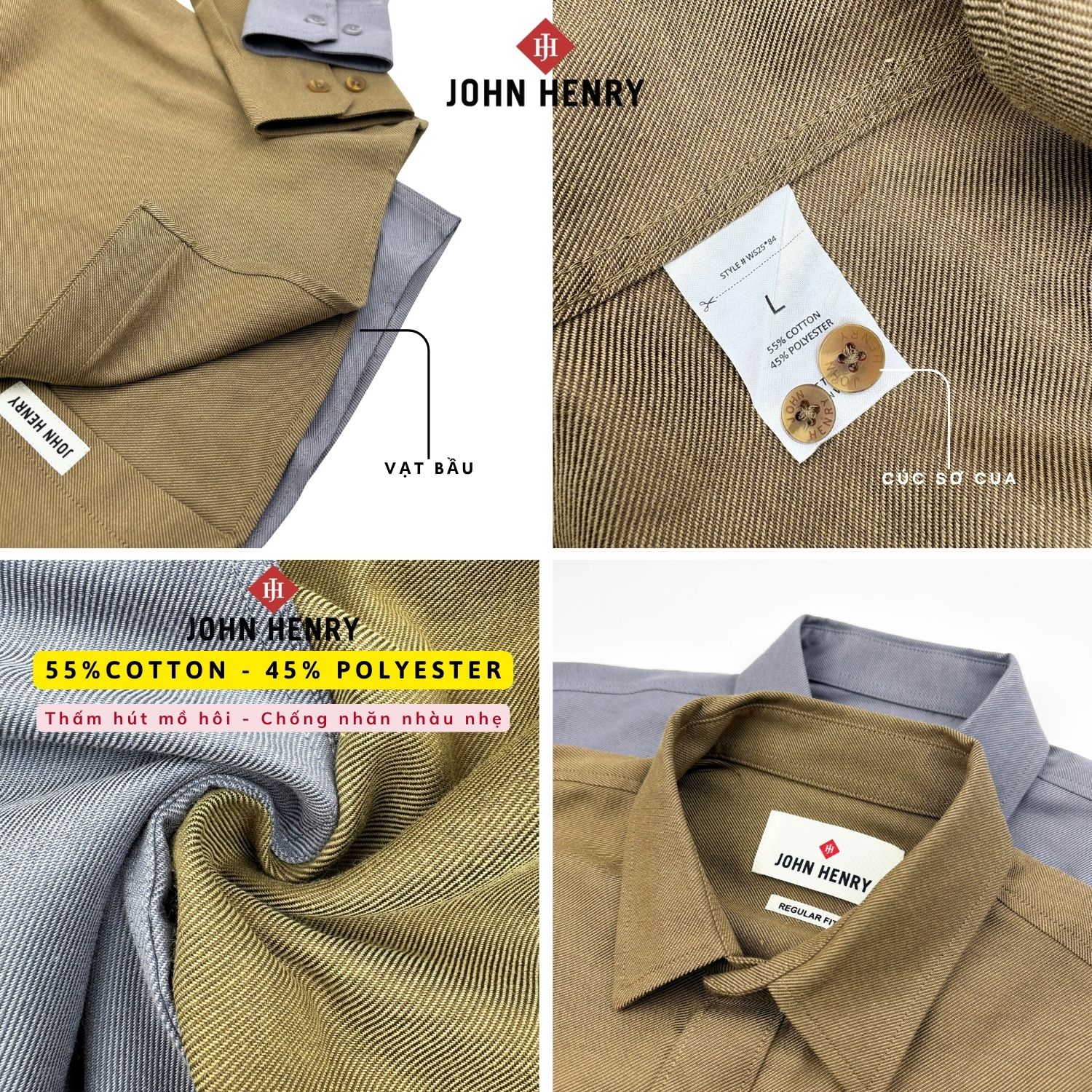 Áo sơ mi nam dài tay John Henry Form Vừa WS25FH84C-LCRG