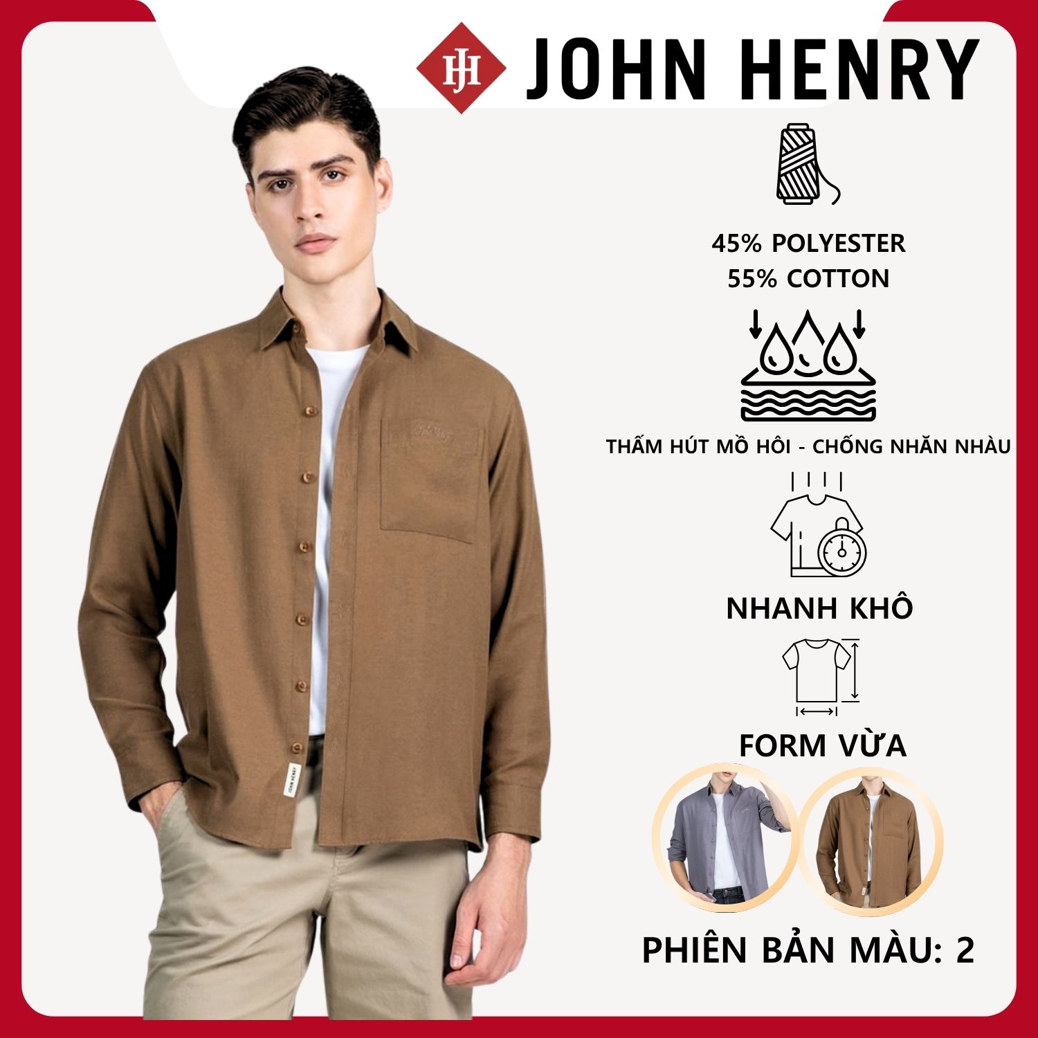 Áo sơ mi nam dài tay John Henry Form Vừa WS25FH84C-LCRG