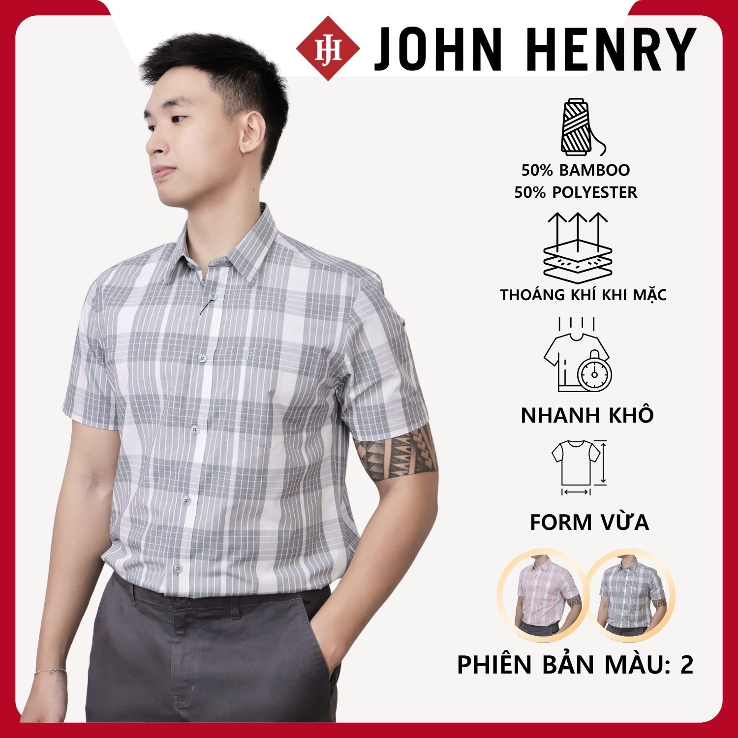 Áo Sơ Mi Nam Tay Ngắn John Henry Caro WS25FH88P-SDBB