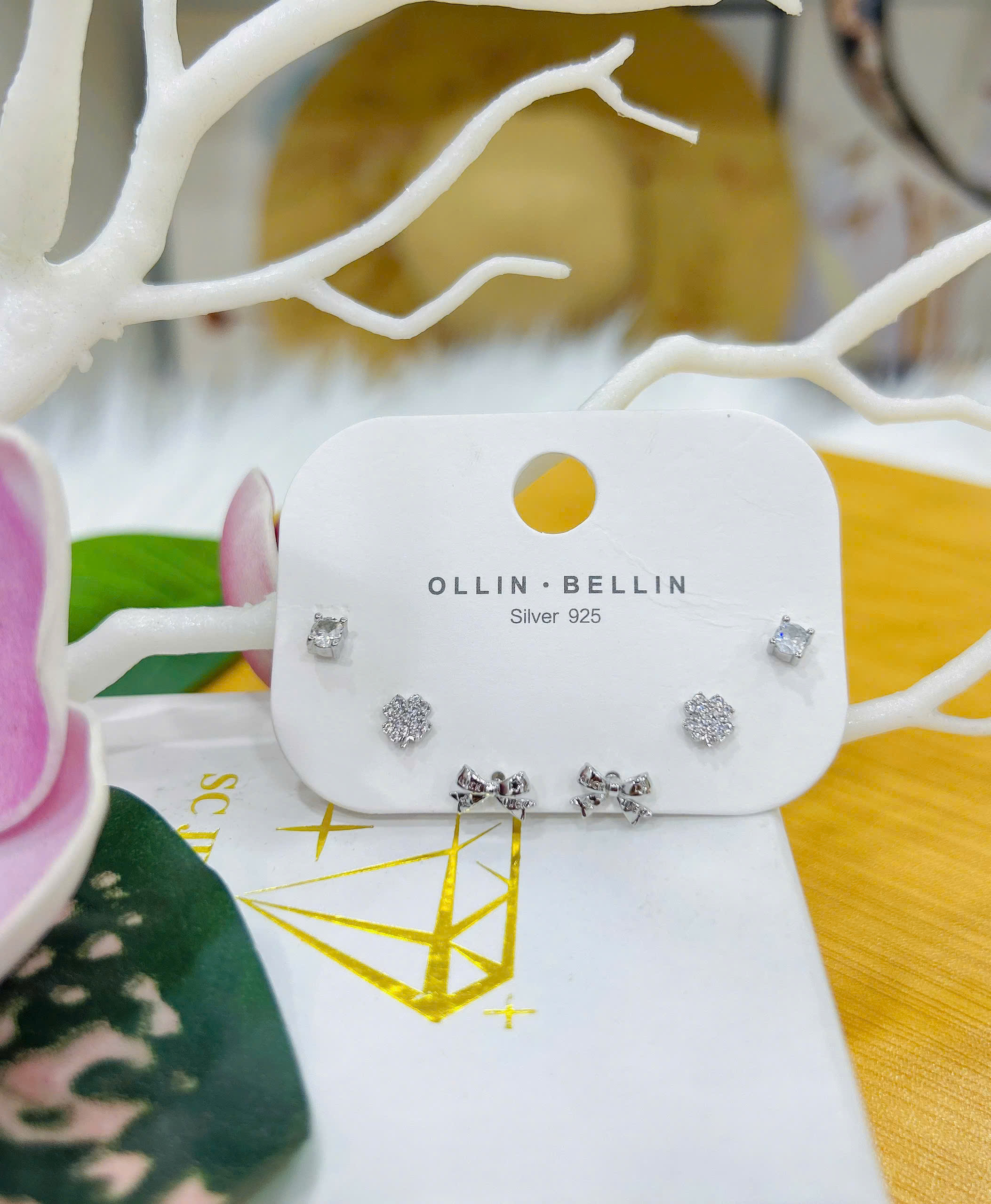 Bông tai Bạc - TM027 - 3 cặp cỏ 4 lá và nơ