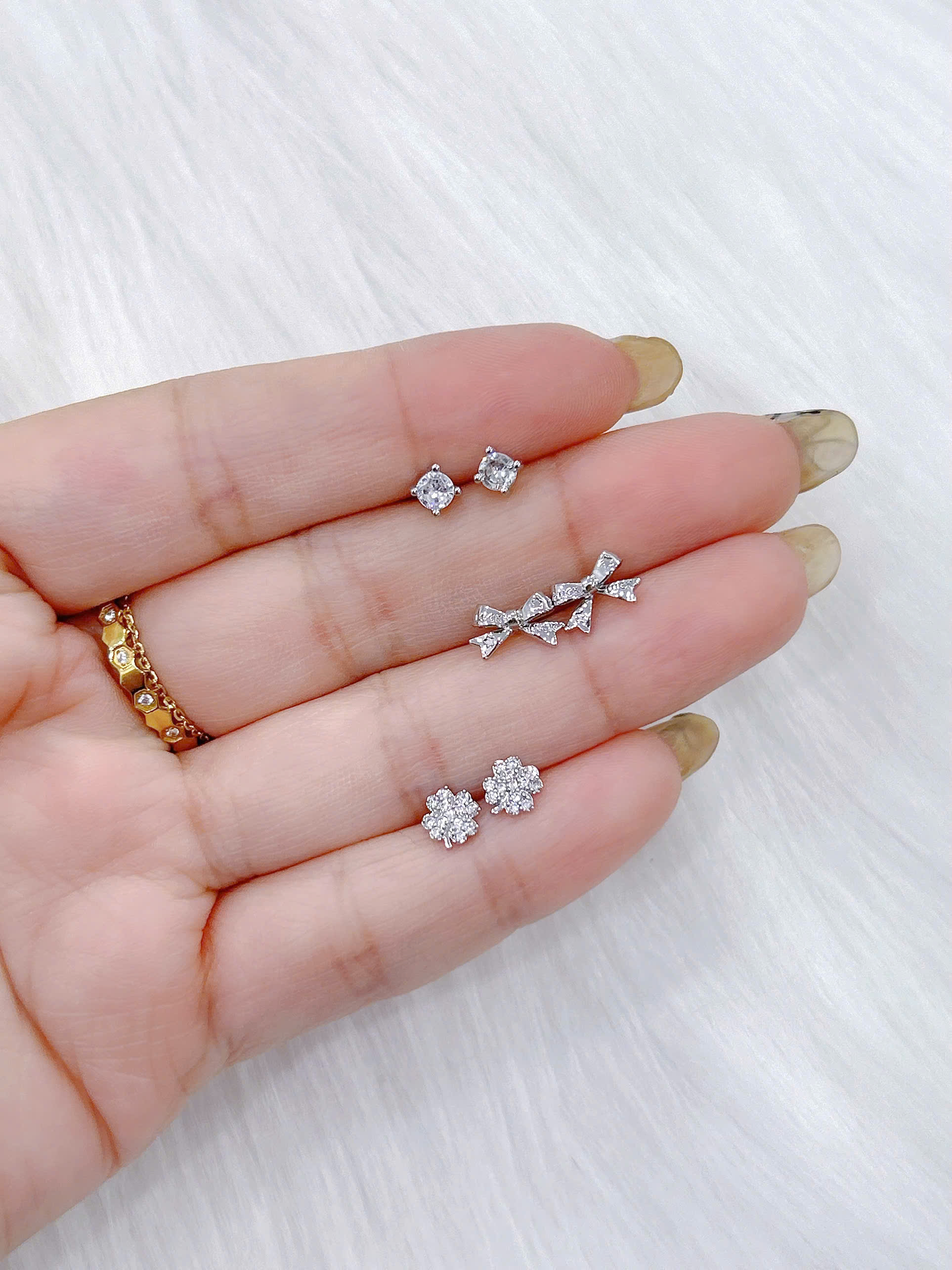 Bông tai Bạc - TM027 - 3 cặp cỏ 4 lá và nơ