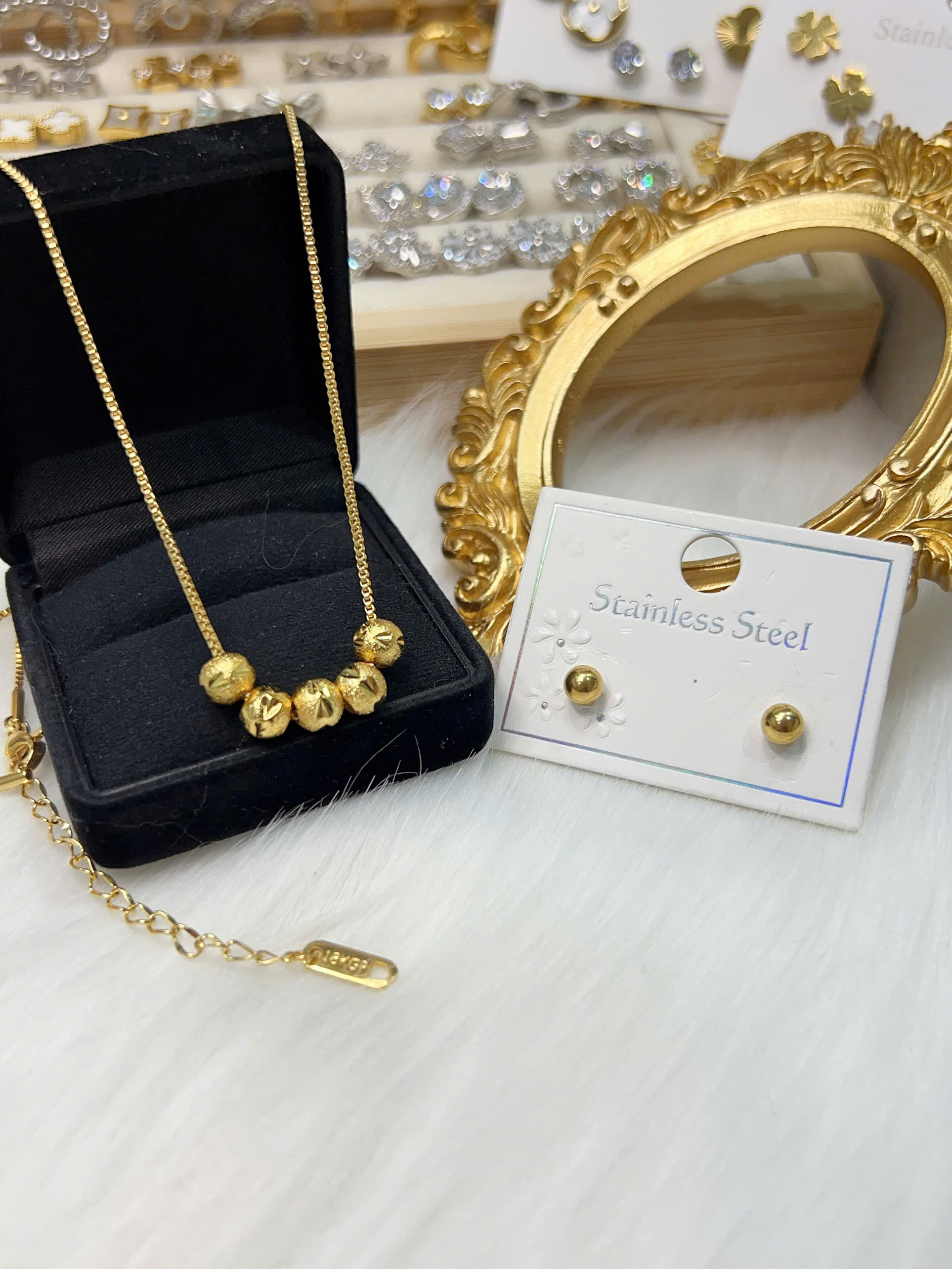 Set trang sức Titan - dây chuyền bi 6ly khắc máy & bông tai bi 5ly