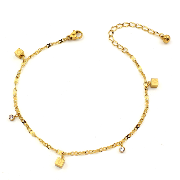 Lắc chân Titan - TA670 - khối vuông chạm họa tiết LV