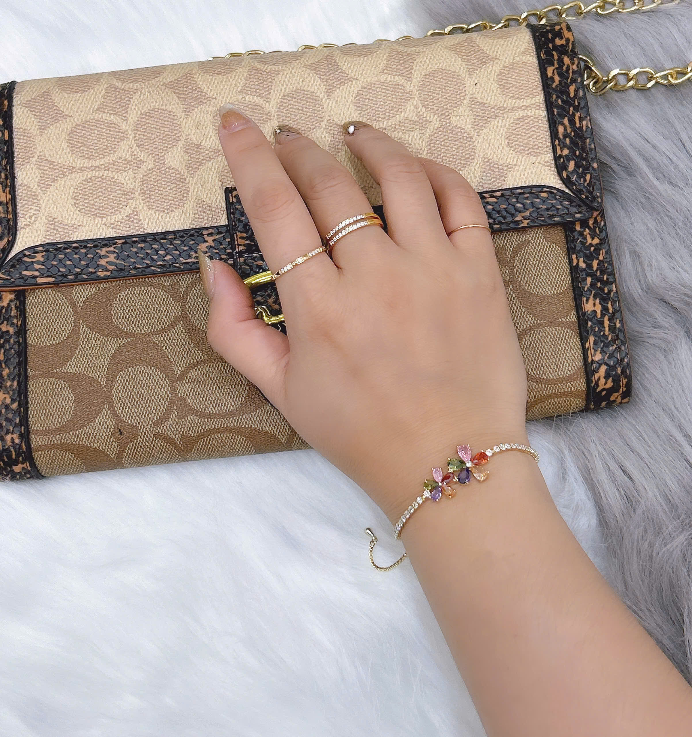 Lắc tay Bạc - TM021 - Hoa 5 cánh đính đá đa sắc